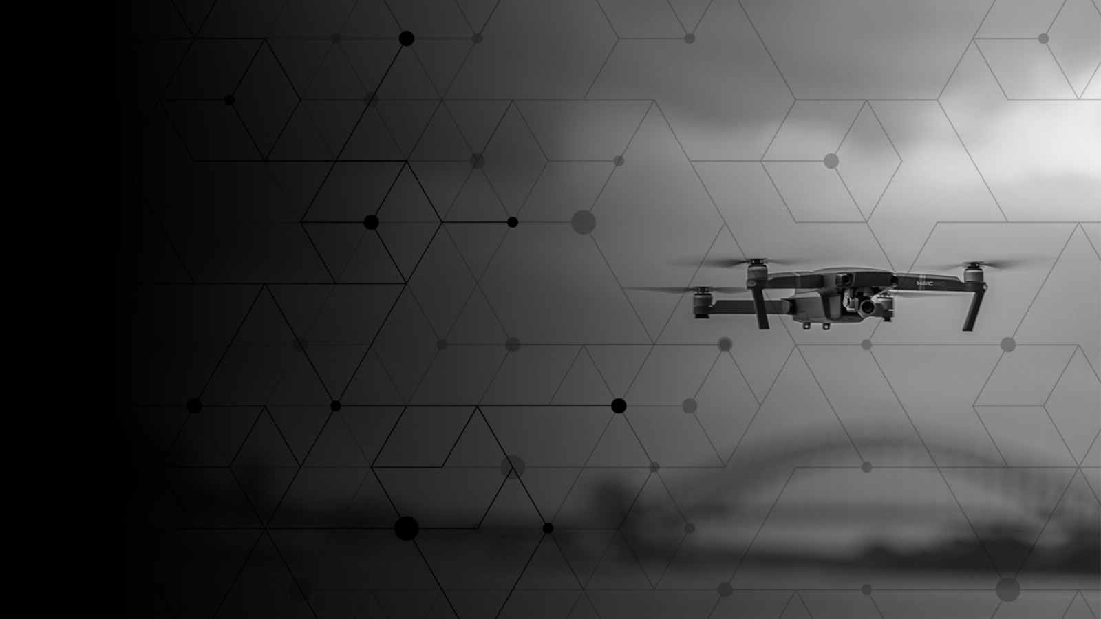 A drone in flight against a network of connected points