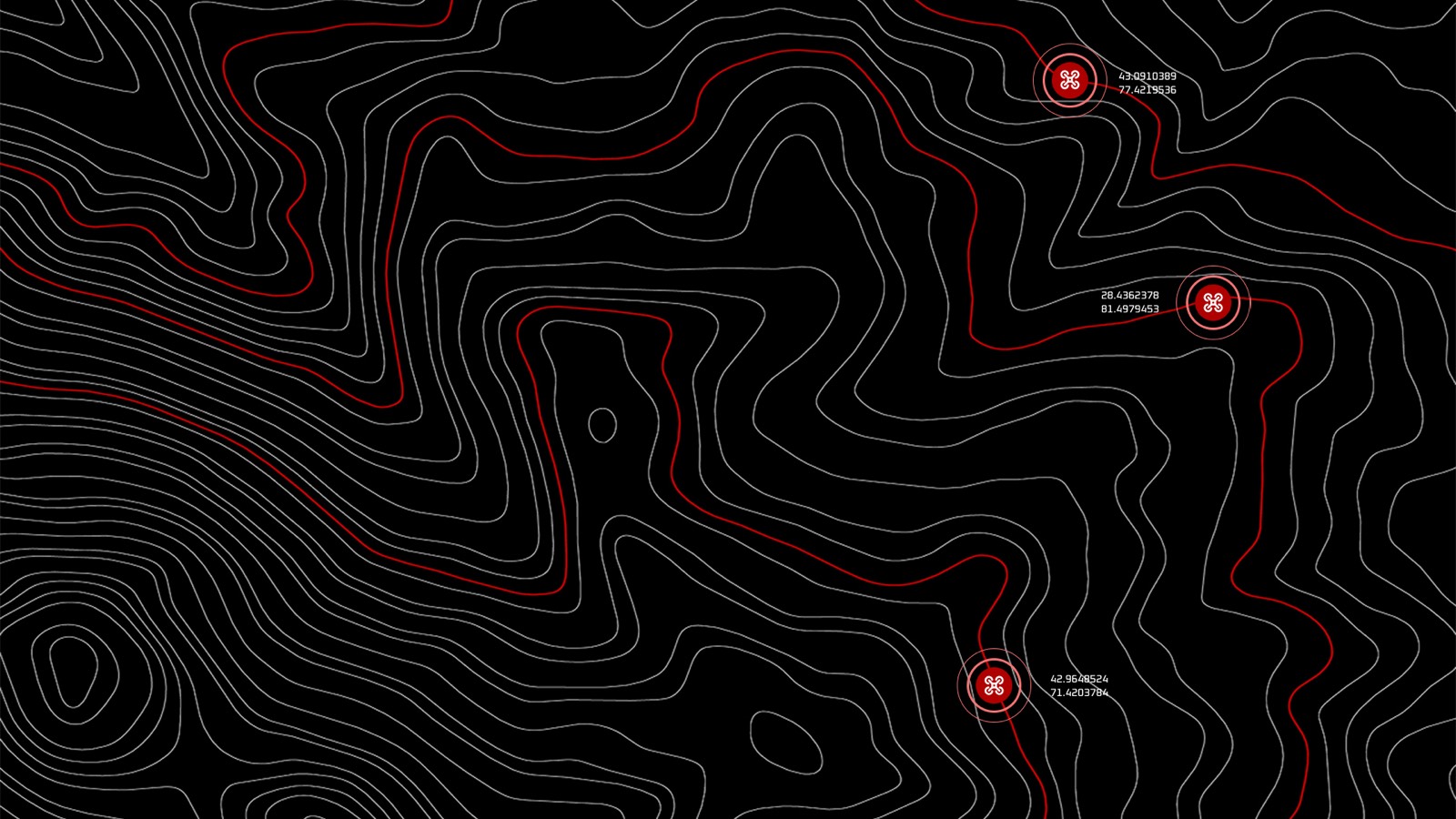Topographic map with three marked locations